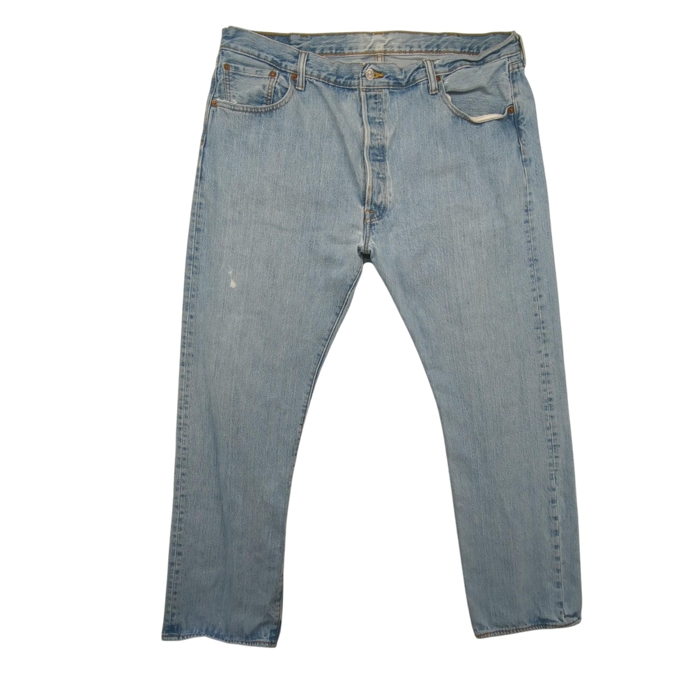 Levis 502 Jeans Mens 42x32 Taper Fit Button Fly Light Wash Denim Distressed